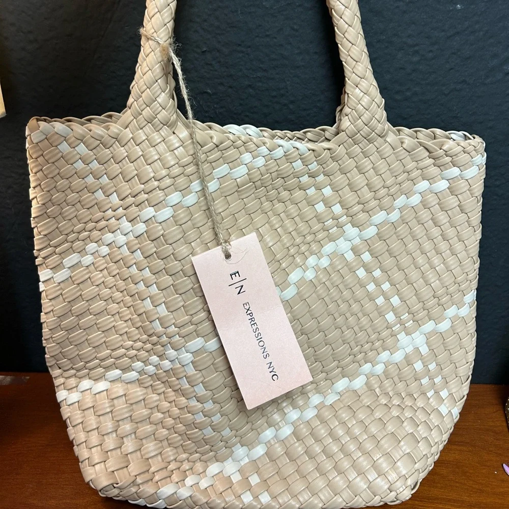E/N Expressions NYC Vegan‎ Leather Woven Shoulder Tote Bag Beige and cream NWT